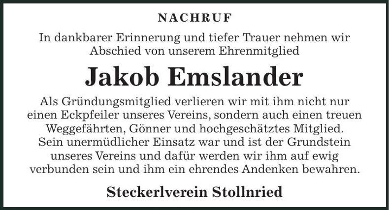 Traueranzeige Jakob Emslander