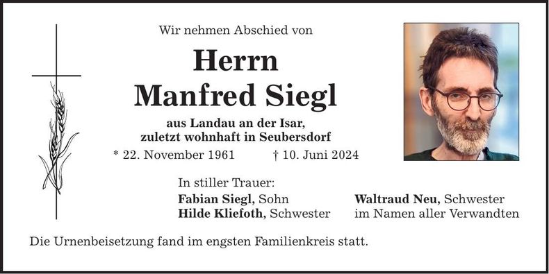 Traueranzeige Manfred Siegl