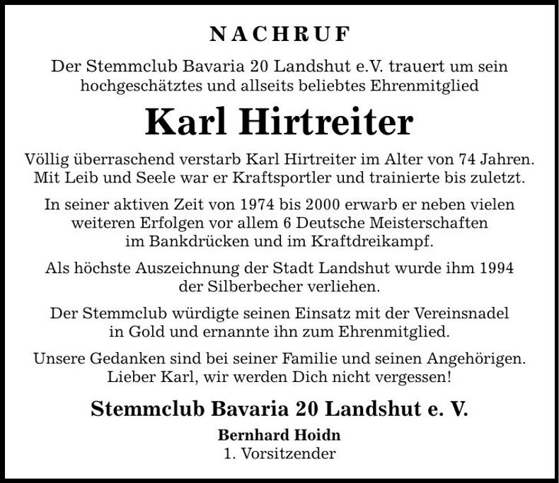 Traueranzeige Karl Hirtreiter