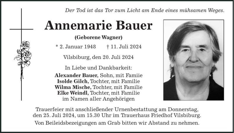 Traueranzeige Annemarie Bauer