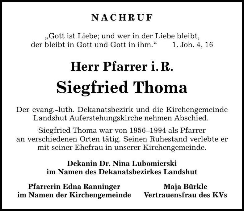 Traueranzeige Siegfried Pfarrer i.R. Thoma