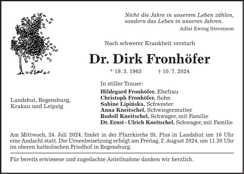 Traueranzeige Dirk Dr. Fronhöfer