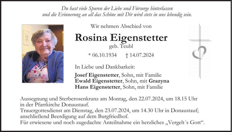 Traueranzeige Rosina Eigenstetter
