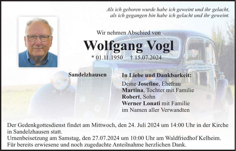 Traueranzeige Wolfgang Vogl
