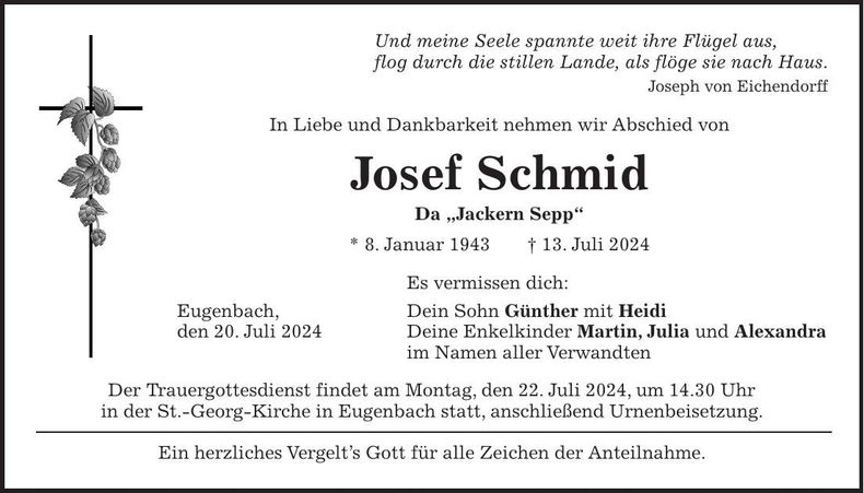 Traueranzeige Josef Schmid