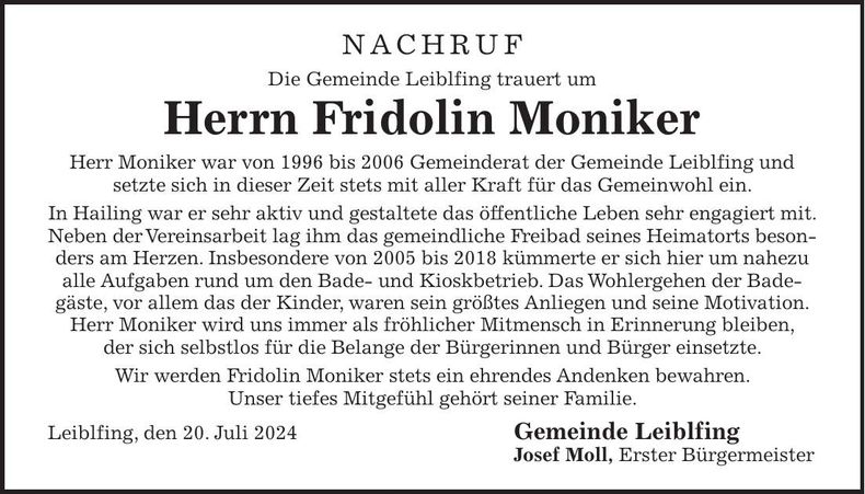 Traueranzeige Fridolin Moniker