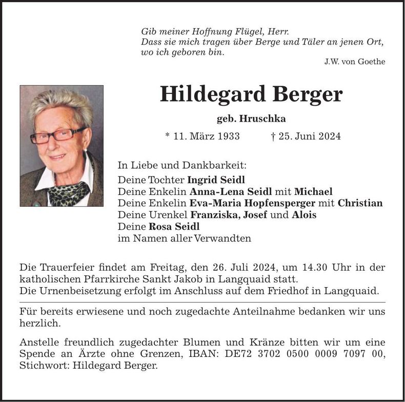 Traueranzeige Hildegard Berger