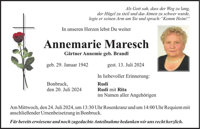 Traueranzeige Annemarie Maresch