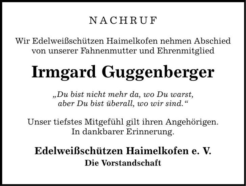Traueranzeige Irma Guggenberger
