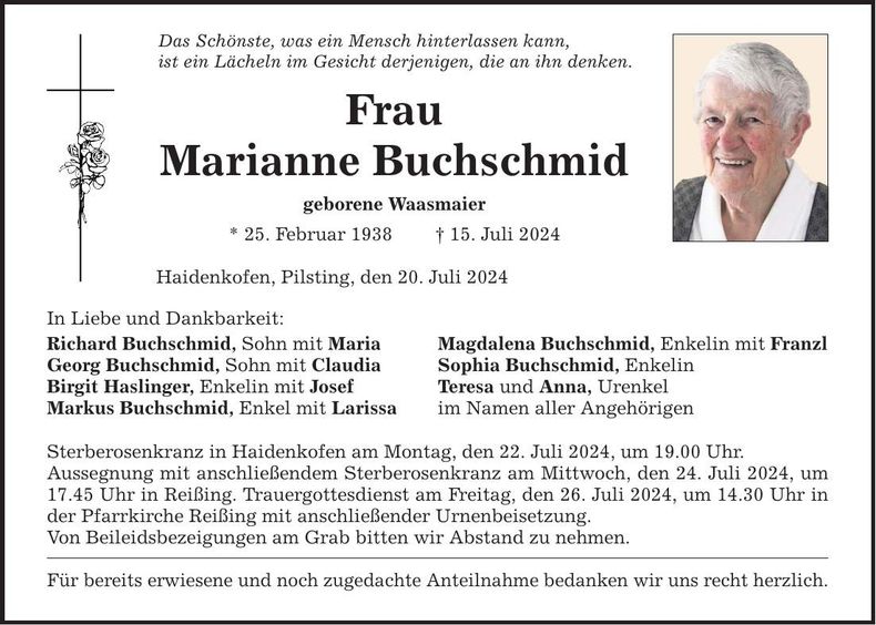 Traueranzeige Marianne Buchschmid