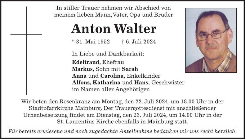 Traueranzeige Anton Walter