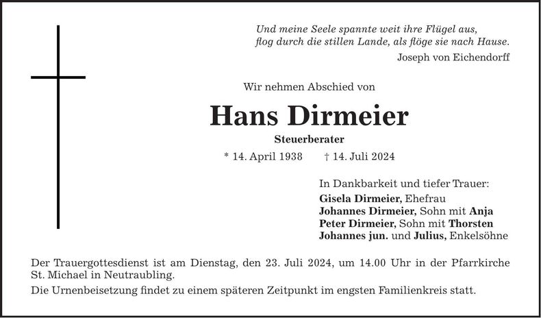 Traueranzeige Hans Dirmeier