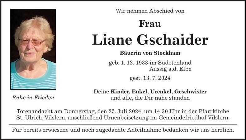 Traueranzeige Liane Gschaider