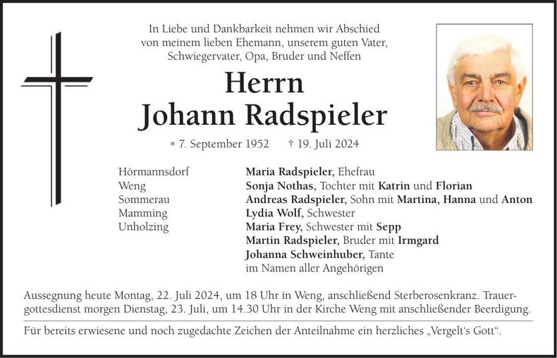 Traueranzeige Johann Radspieler