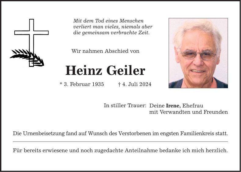 Traueranzeige Heinz Geiler