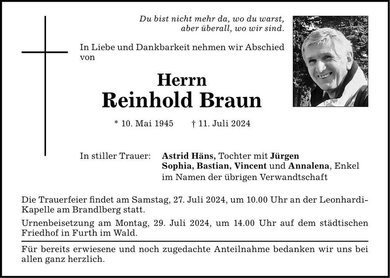 Traueranzeige Reinhold Braun