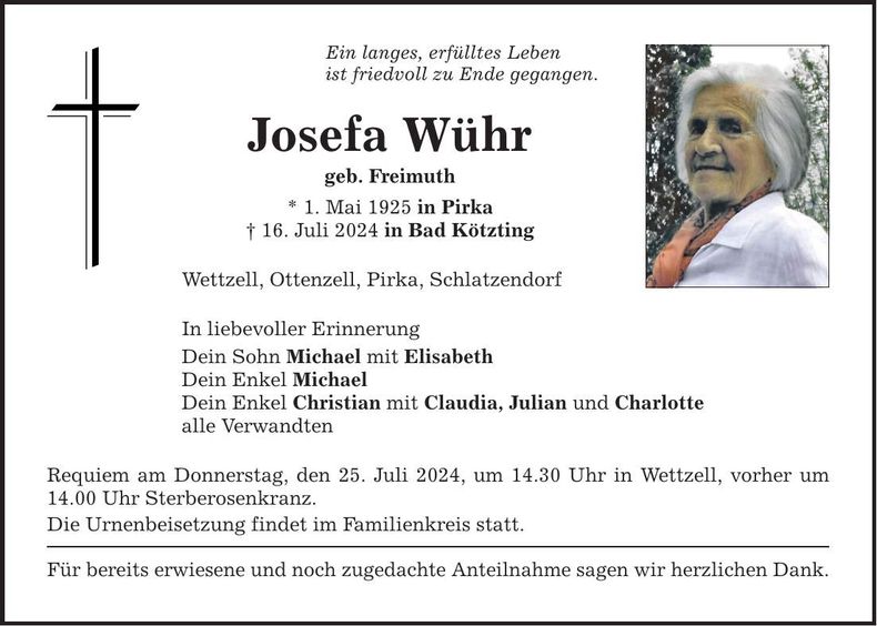 Traueranzeige Josefa Wühr