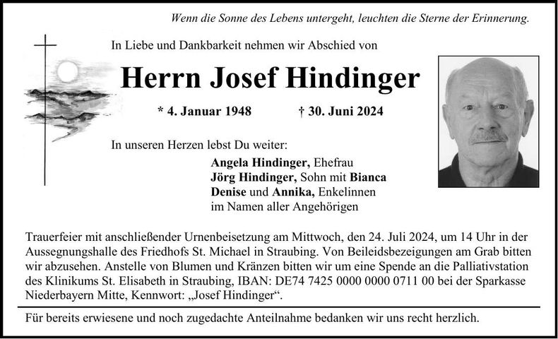 Traueranzeige Josef Hindinger