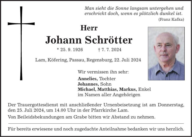 Traueranzeige Johann Schrötter