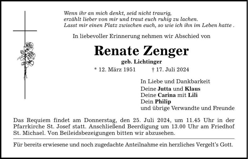 Traueranzeige Renate Zenger