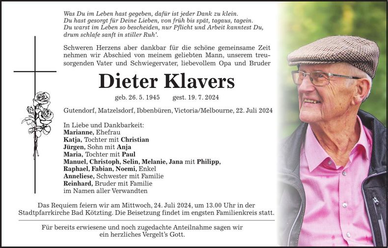 Traueranzeige Dieter Klavers