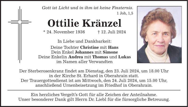 Traueranzeige Ottilie Kränzel