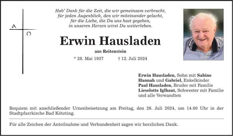 Traueranzeige Erwin Hausladen