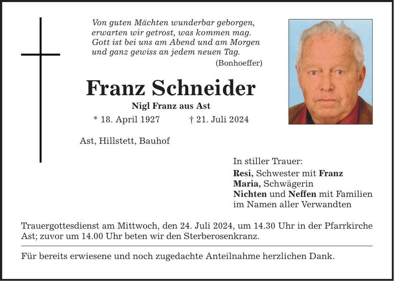 Traueranzeige Franz Schneider