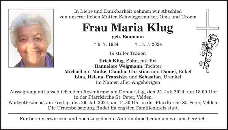 Traueranzeige Maria Klug