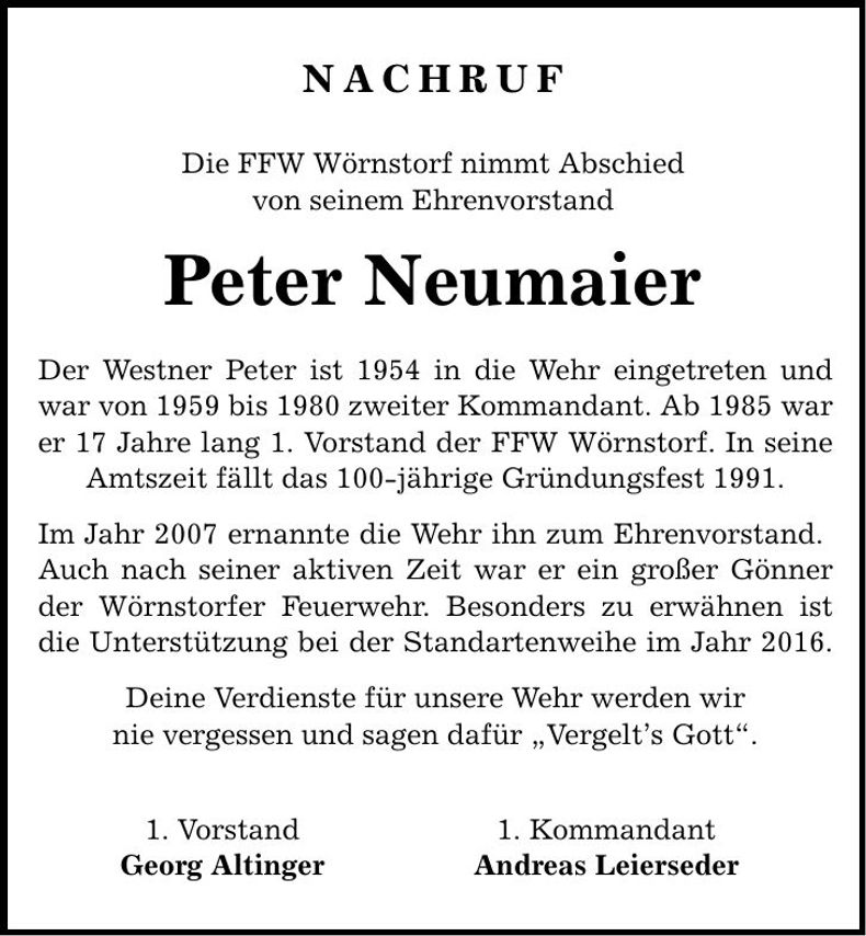 Traueranzeige Peter Neumaier