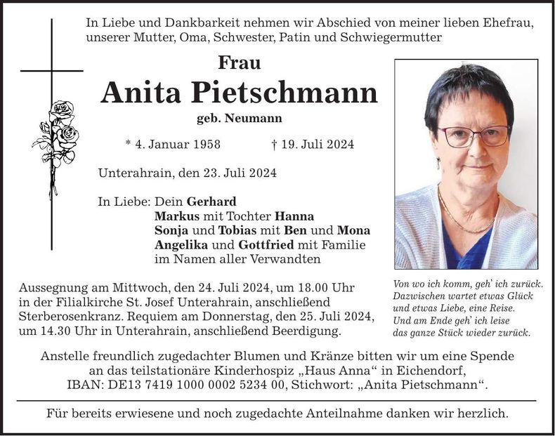 Traueranzeige Anita Pietschmann