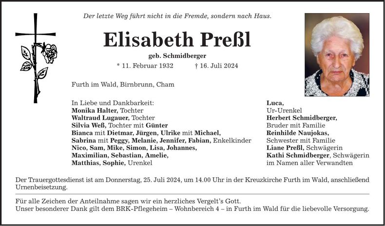 Traueranzeige Elisabeth Preßl