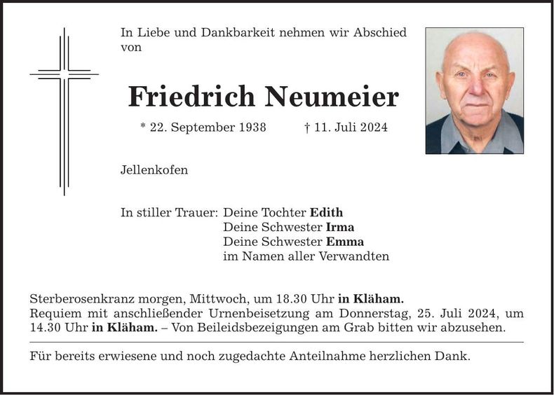 Traueranzeige Friedrich Neumeier
