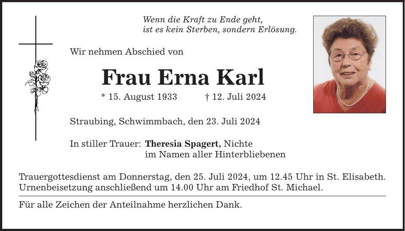 Traueranzeige Erna Karl
