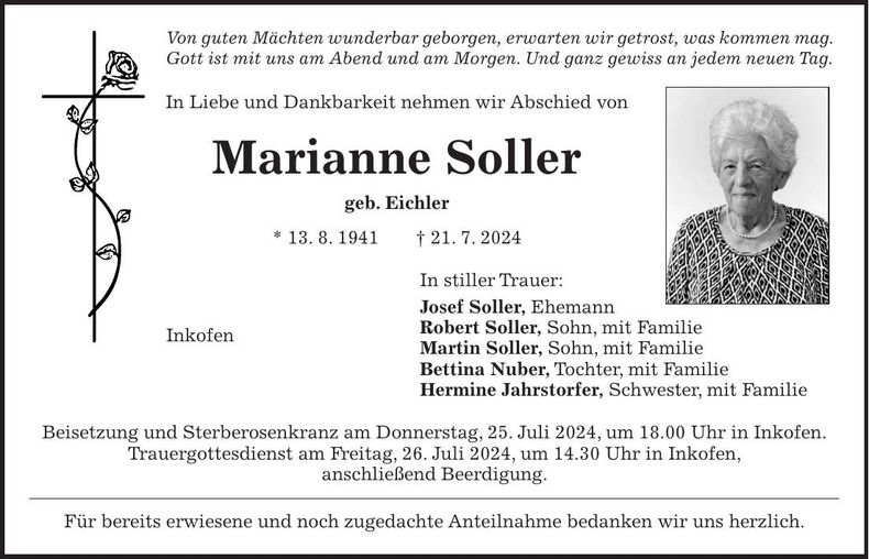 Traueranzeige Marianne Soller