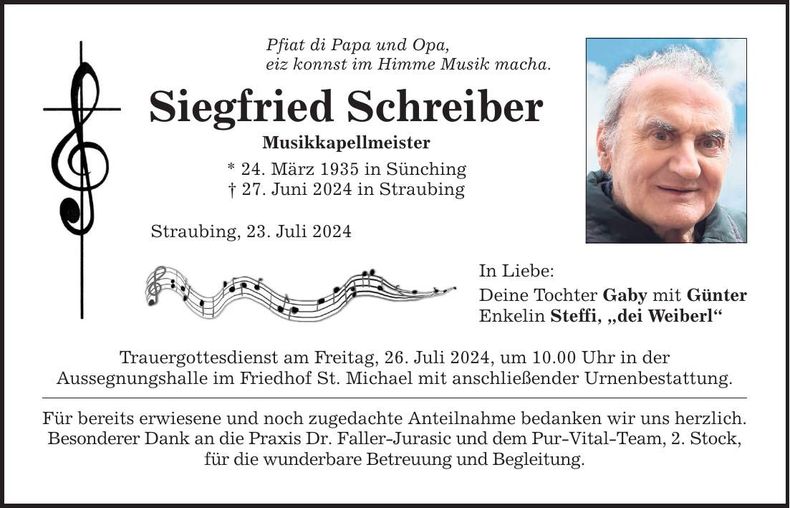 Traueranzeige Siegfried Schreiber
