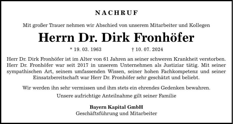 Traueranzeige Dirk Fronhöfer