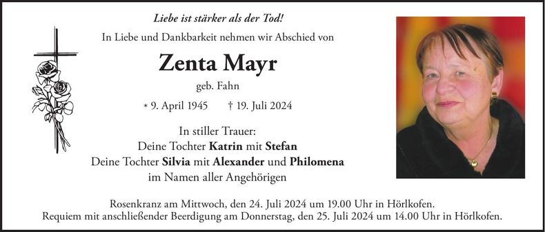 Traueranzeige Zenta Mayr