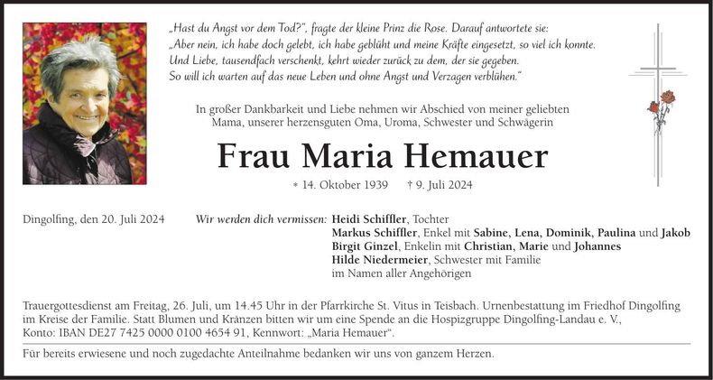 Traueranzeige Maria Hemauer