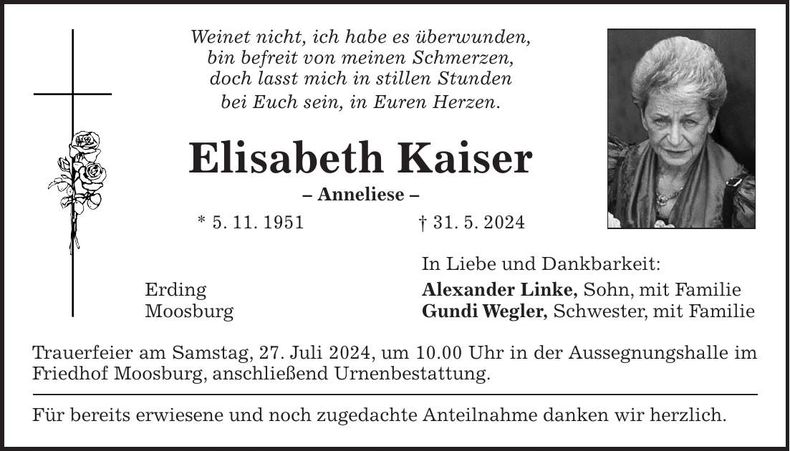 Traueranzeige Elisabeth Kaiser