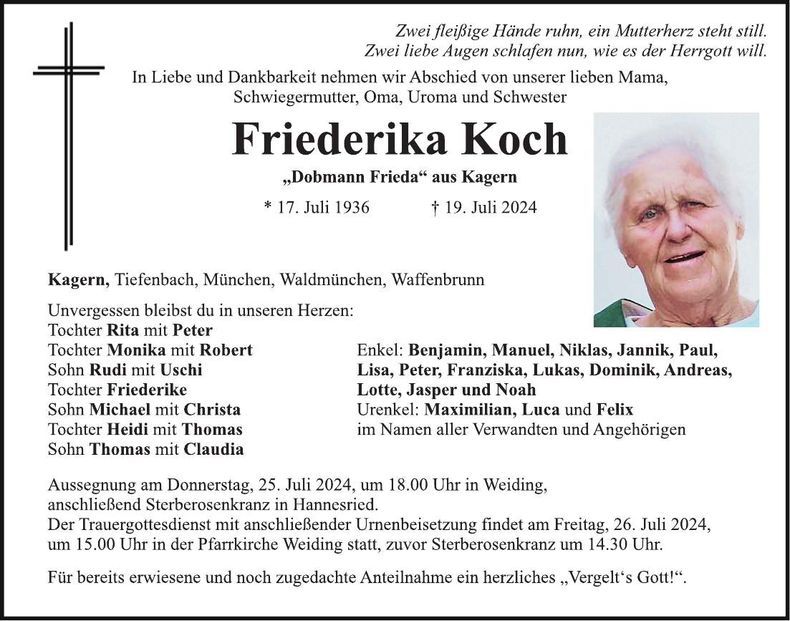 Traueranzeige Friederika Koch