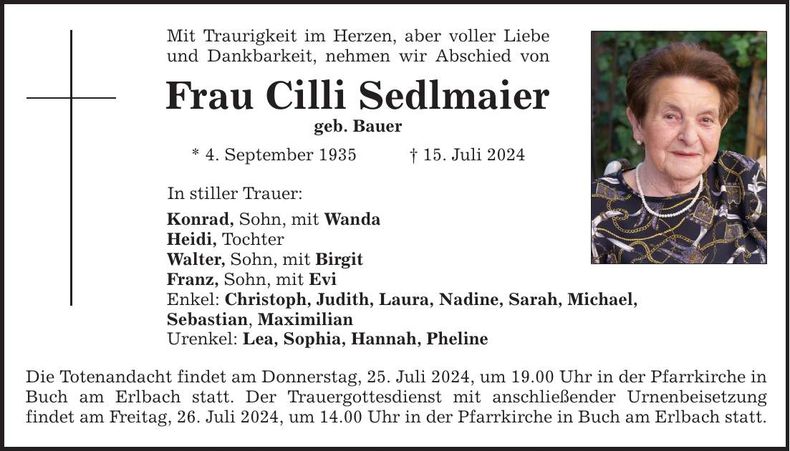 Traueranzeige Cilli Sedlmaier