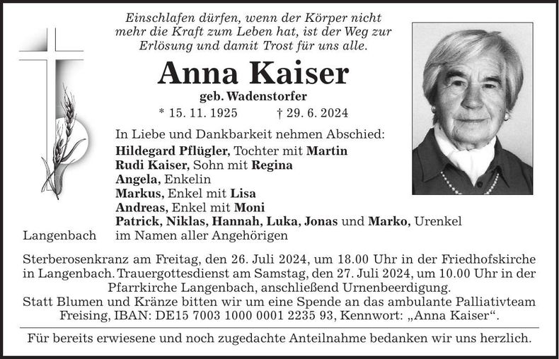 Traueranzeige Anna Kaiser