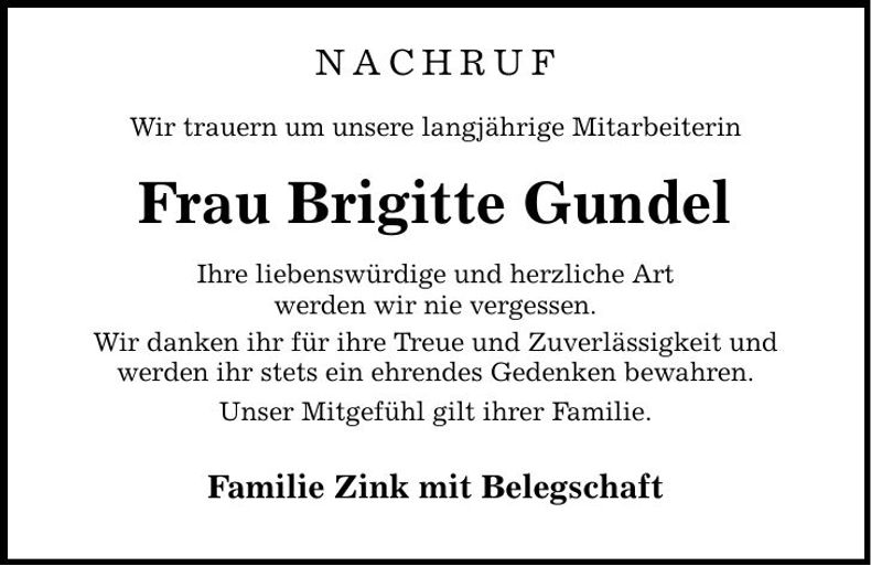 Traueranzeige Brigitte Gundel