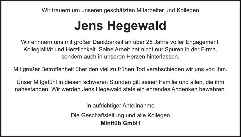 Traueranzeige Jens Hegewald