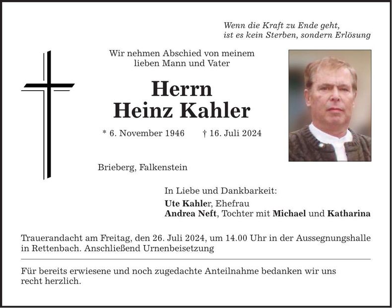 Traueranzeige Heinz Kahler