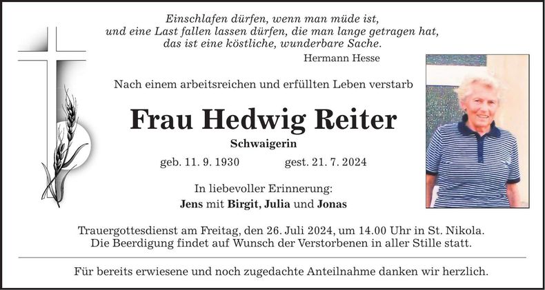 Traueranzeige Hedwig Reiter