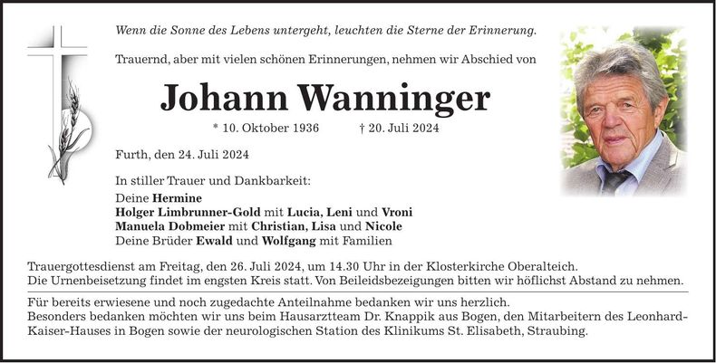 Traueranzeige Johann Wanninger