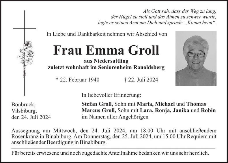 Traueranzeige Emma Groll
