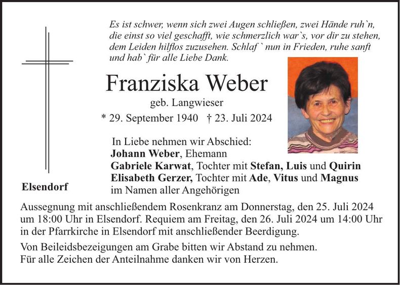 Traueranzeige Franziska Weber